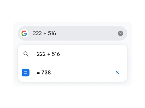 「222+516」の検索に対して表示された「738」の結果。